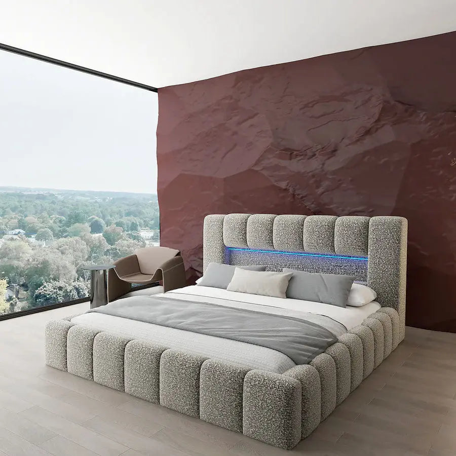 Pat dormitor dumonde, tapitat bej cu LED si USB, Palermo 160x200 cm, somiera rabatabila inclusa, spatiu depozitare WLS
