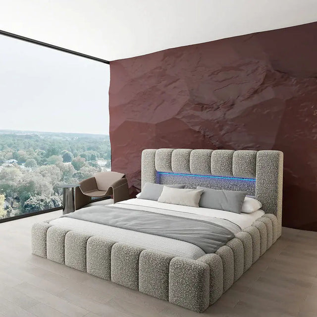 Pat dormitor dumonde, tapitat bej cu LED si USB, Palermo 160x200 cm, somiera rabatabila inclusa, spatiu depozitare WLS
