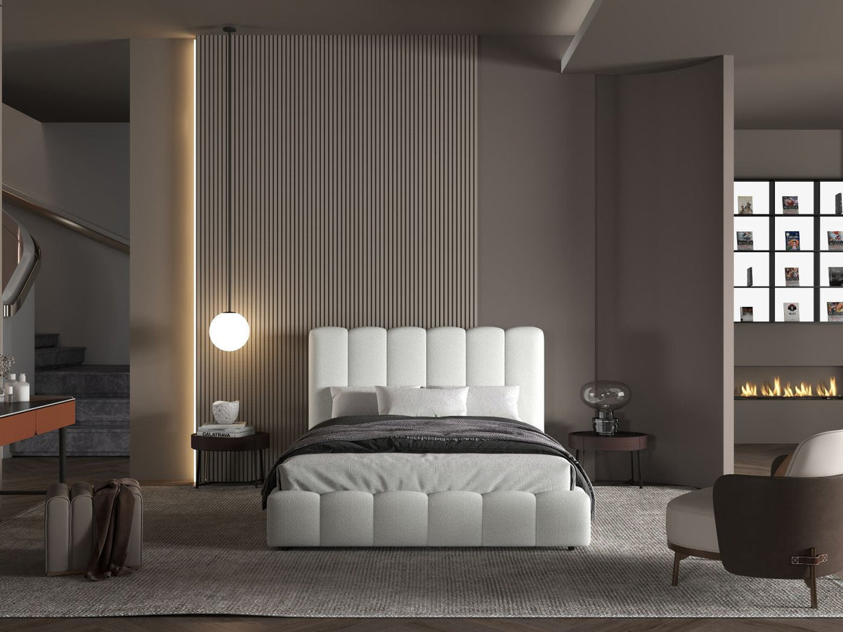 Pat dormitor dumonde, tapitat alb, Milano 160x200 cm, somiera rabatabila inclusa, spatiu depozitare WLS