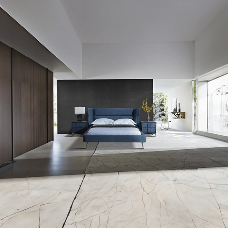 Pat dormitor dumonde, tapitat albastru, Sierra 160x200 cm, somiera inclusa CRNB