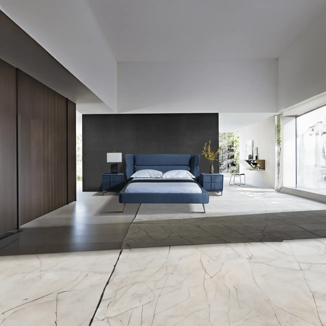 Pat dormitor dumonde, tapitat albastru, Sierra 160x200 cm, somiera inclusa CRNB