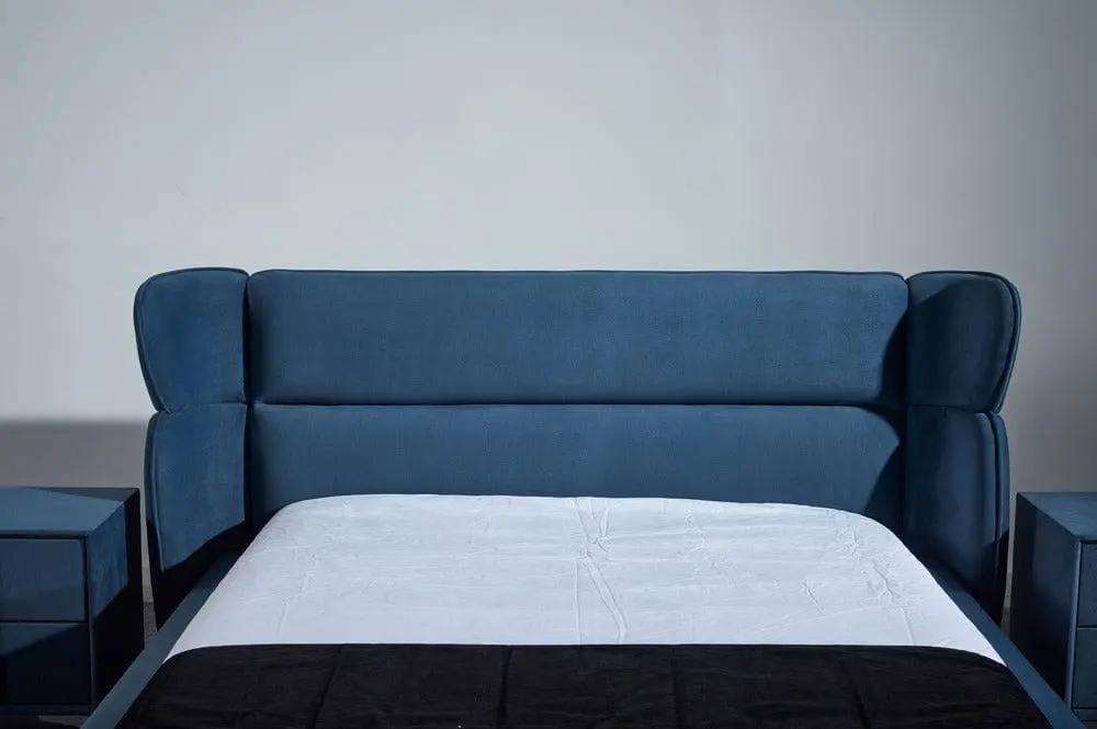 Pat dormitor dumonde, tapitat albastru, Sierra 160x200 cm, somiera inclusa CRNB