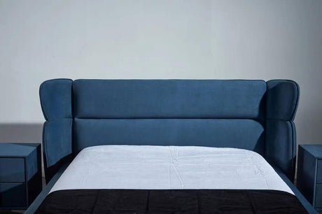 Pat dormitor dumonde, tapitat albastru, Sierra 180x200 cm, somiera inclusa CRNB