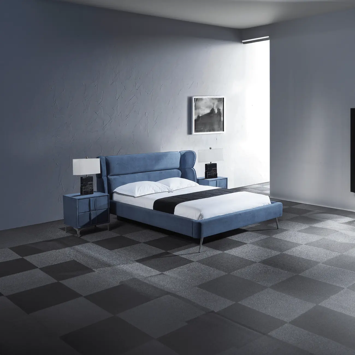 Pat dormitor dumonde, tapitat albastru, Sierra 180x200 cm, somiera inclusa CRNB
