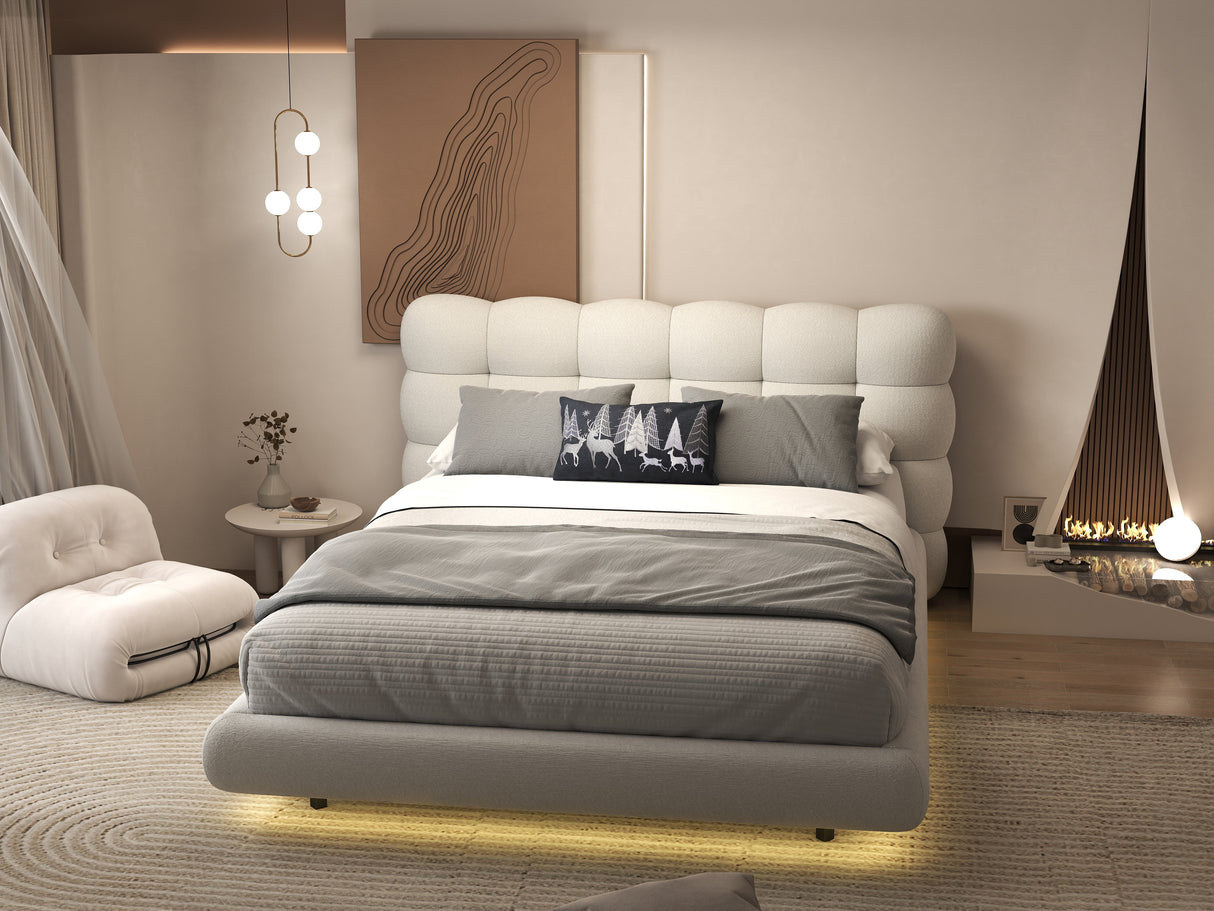 Set Pat dormitor dumonde, tapitat alb cu LED, "floating bed" Cloud 160x200 cm, somiera inclusa + saltea