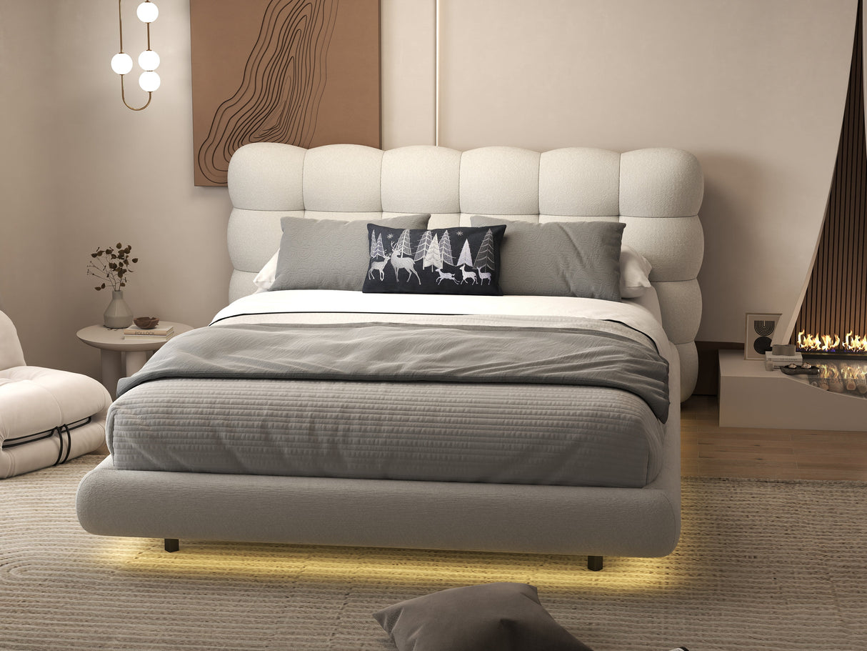 Set Pat dormitor dumonde, tapitat alb cu LED, "floating bed" Cloud 160x200 cm, somiera inclusa + saltea
