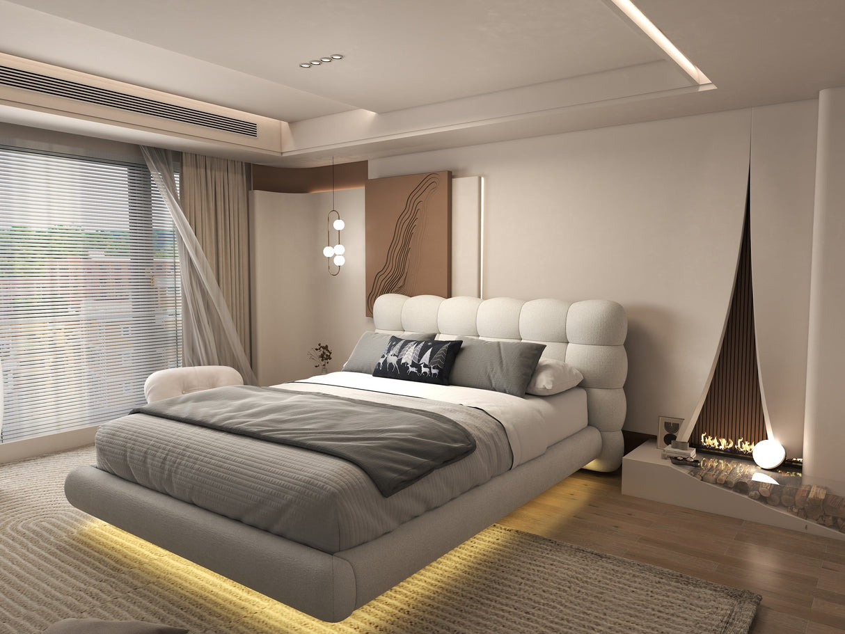 Set Pat dormitor dumonde, tapitat alb cu LED, "floating bed" Cloud 160x200 cm, somiera inclusa + saltea