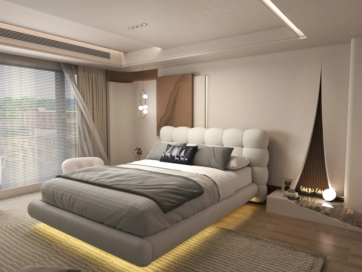 Pat dormitor dumonde, tapitat alb cu LED, "floating bed" Cloud 140x200 cm, somiera inclusa WLS