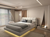 Pat dormitor dumonde, tapitat alb cu LED, "floating bed" Cloud 140x200 cm, somiera inclusa WLS
