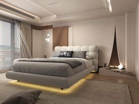 Pat dormitor dumonde, tapitat alb cu LED, "floating bed" Cloud 160x200 cm, somiera inclusa WLS