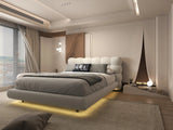 Set Pat dormitor dumonde, tapitat alb cu LED, "floating bed" Cloud 140x200 cm, somiera inclusa + saltea