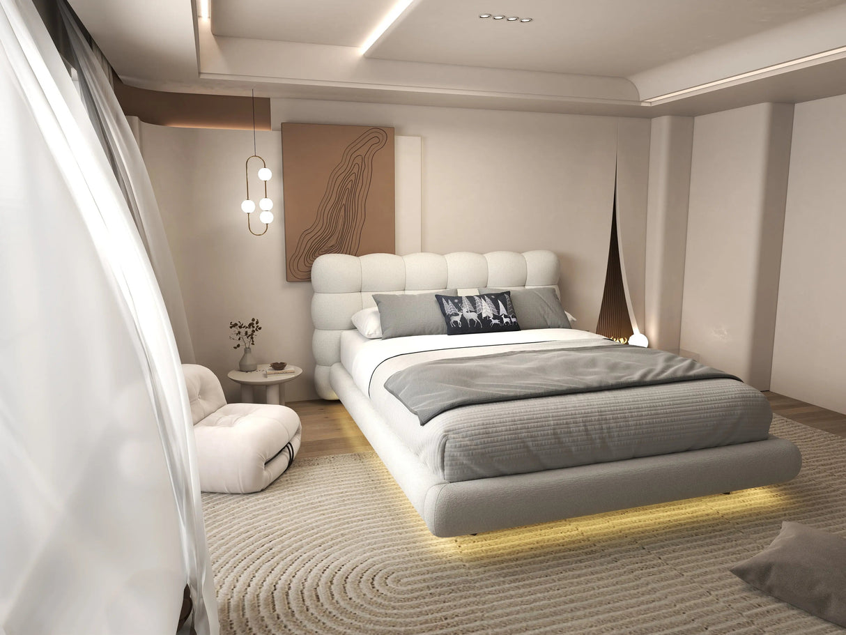 Set Pat dormitor dumonde, tapitat alb cu LED, "floating bed" Cloud 140x200 cm, somiera inclusa + saltea