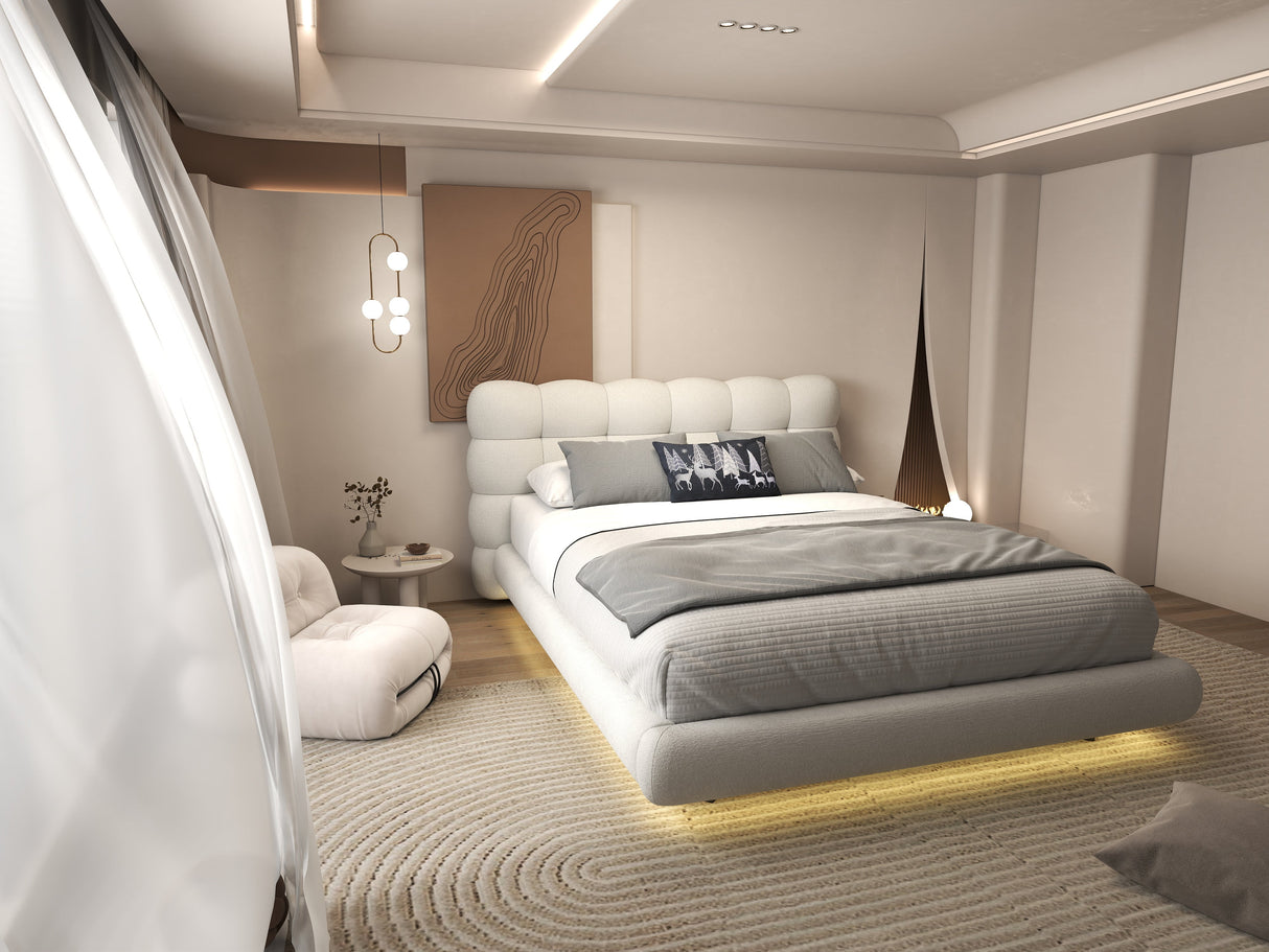 Set Pat dormitor dumonde, tapitat alb cu LED, "floating bed" Cloud 160x200 cm, somiera inclusa + saltea