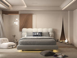 Set Pat dormitor dumonde, tapitat alb cu LED, "floating bed" Cloud 160x200 cm, somiera inclusa + saltea