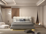 Set Pat dormitor dumonde, tapitat alb cu LED, "floating bed" Cloud 140x200 cm, somiera inclusa + saltea