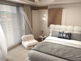 Set Pat dormitor dumonde, tapitat alb cu LED, "floating bed" Cloud 160x200 cm, somiera inclusa + saltea