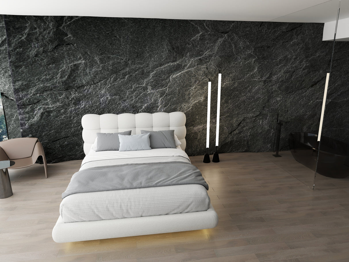 Set Pat dormitor dumonde, tapitat alb cu LED "floating bed" Cloud 180x200 cm, somiera inclusa + saltea