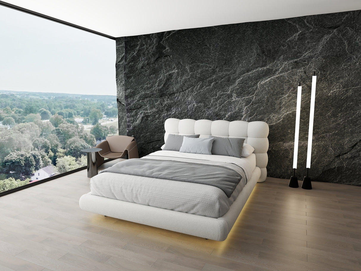 Set Pat dormitor dumonde, tapitat alb cu LED "floating bed" Cloud 180x200 cm, somiera inclusa + saltea