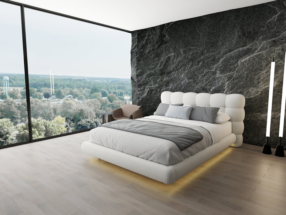 Set Pat dormitor dumonde, tapitat alb cu LED "floating bed" Cloud 180x200 cm, somiera inclusa + saltea
