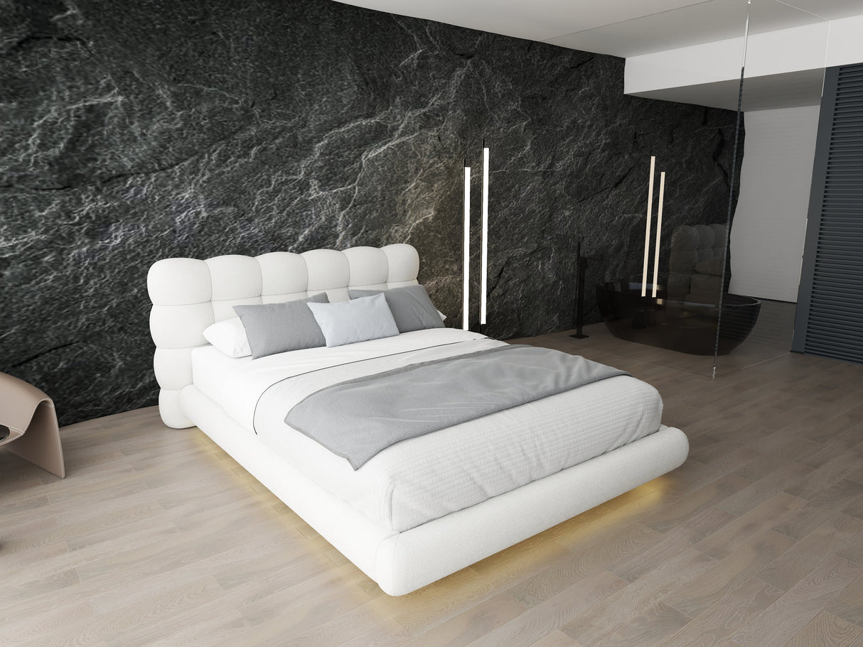 Set Pat dormitor dumonde, tapitat alb cu LED "floating bed" Cloud 180x200 cm, somiera inclusa + saltea