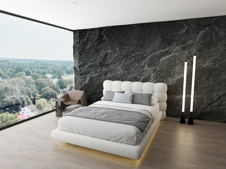 Pat dormitor dumonde, tapitat alb cu LED "floating bed" Cloud 180x200 cm, somiera inclusa WLS