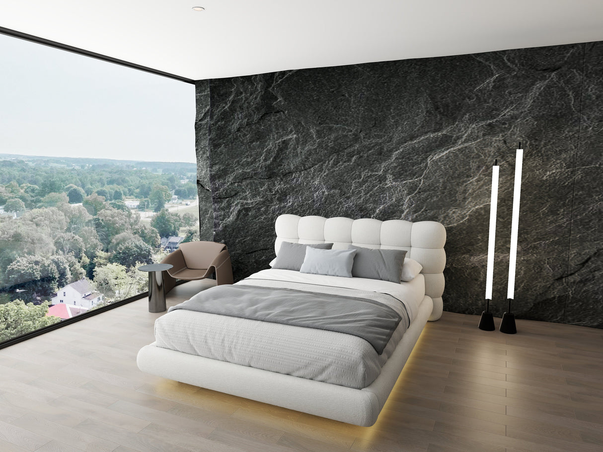 Set Pat dormitor dumonde, tapitat alb cu LED "floating bed" Cloud 180x200 cm, somiera inclusa + saltea