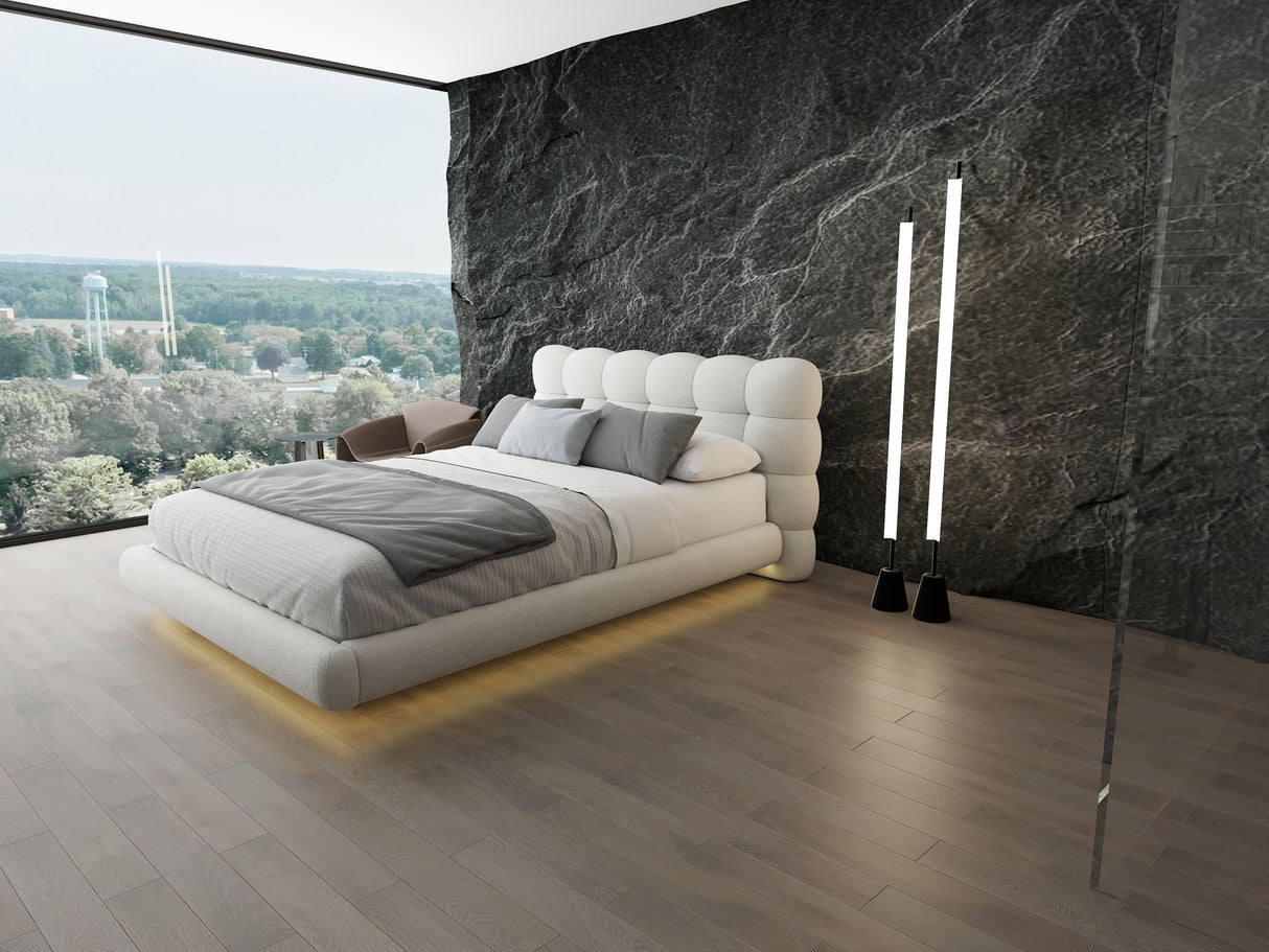 Set Pat dormitor dumonde, tapitat alb cu LED "floating bed" Cloud 180x200 cm, somiera inclusa + saltea