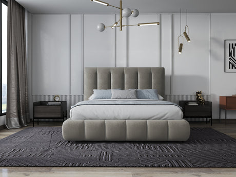 Pat dormitor dumonde, tapitat bej, Divaneo 160x200 cm, somiera rabatabila inclusa, spatiu depozitare WLS