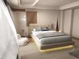 Set Pat dormitor dumonde, tapitat bej cu LED, "floating bed" Cloud 160x200 cm, somiera inclusa + saltea