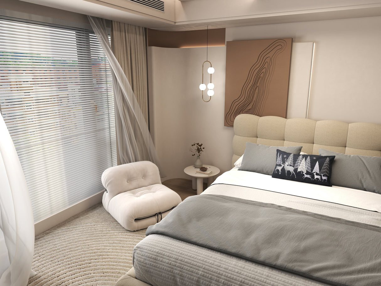 Set Pat dormitor dumonde, tapitat bej cu LED, "floating bed" Cloud 160x200 cm, somiera inclusa + saltea