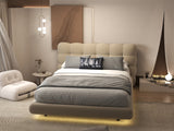 Set Pat dormitor dumonde, tapitat bej cu LED, "floating bed" Cloud 160x200 cm, somiera inclusa + saltea
