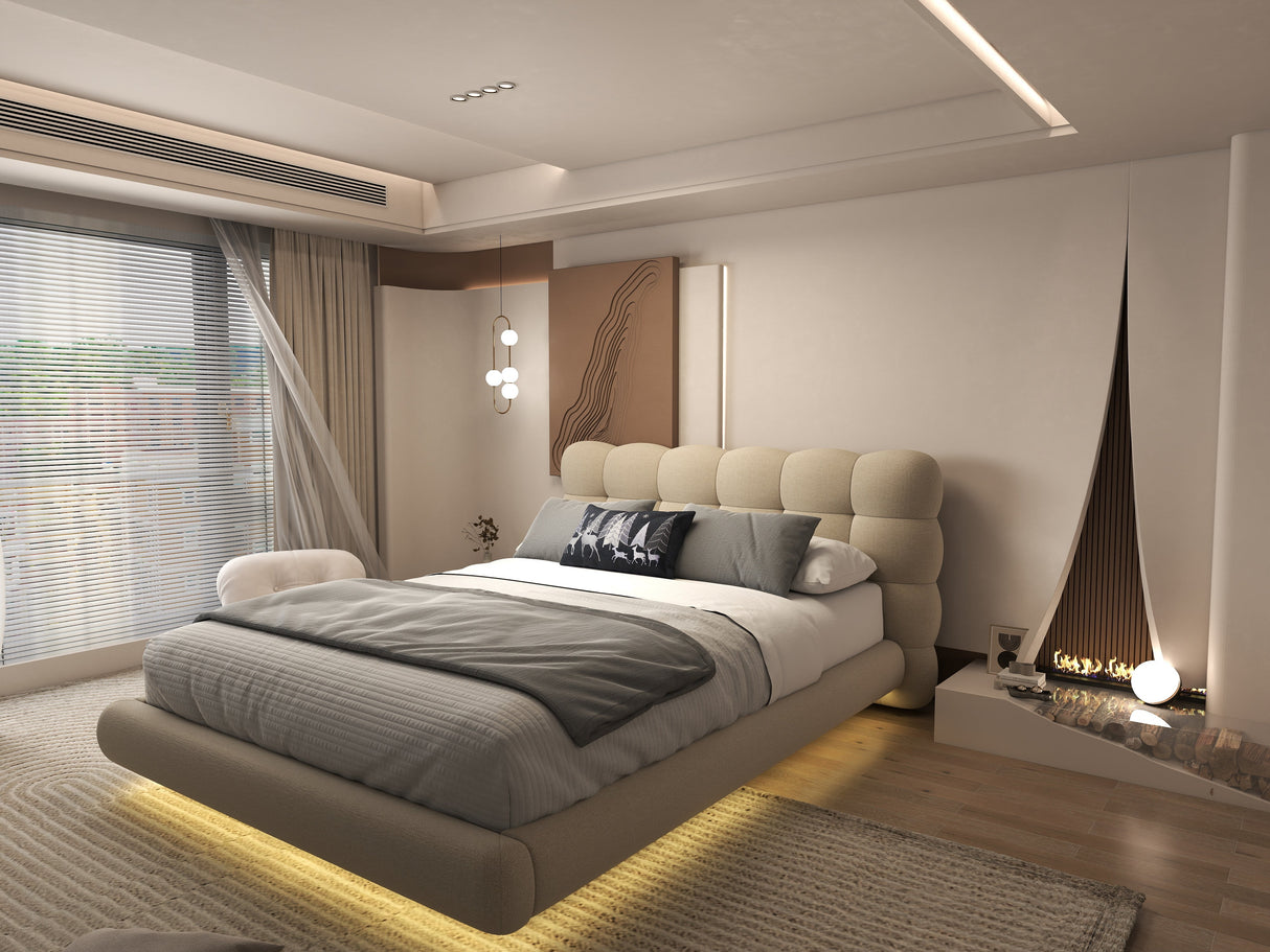 Pat dormitor dumonde, tapitat bej cu LED, "floating bed" Cloud 160x200 cm, somiera inclusa WLS
