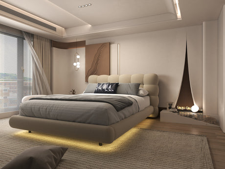 Pat dormitor dumonde, tapitat bej cu LED, "floating bed" Cloud 160x200 cm, somiera inclusa WLS