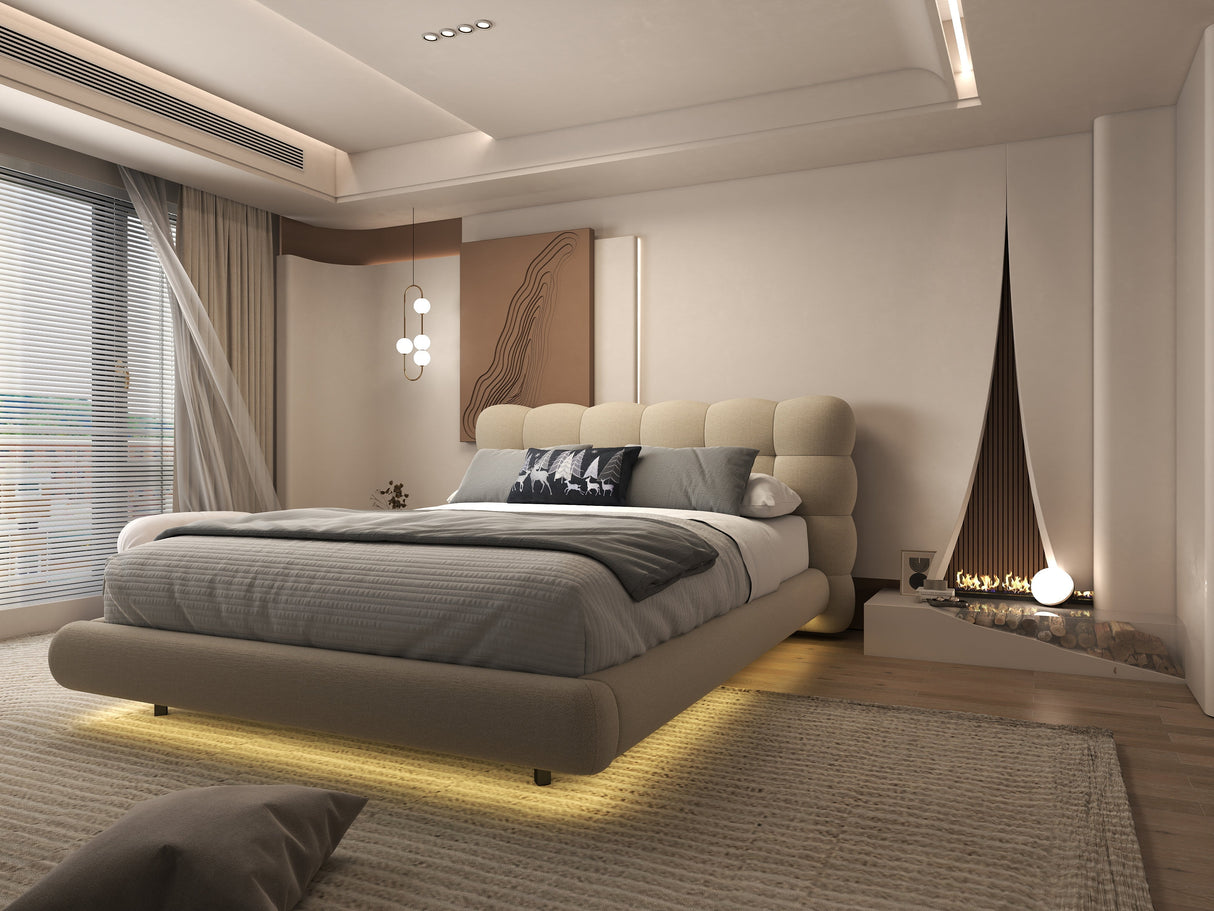 Set Pat dormitor dumonde, tapitat bej cu LED, "floating bed" Cloud 160x200 cm, somiera inclusa + saltea