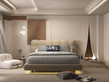 Set Pat dormitor dumonde, tapitat bej cu LED, "floating bed" Cloud 160x200 cm, somiera inclusa + saltea