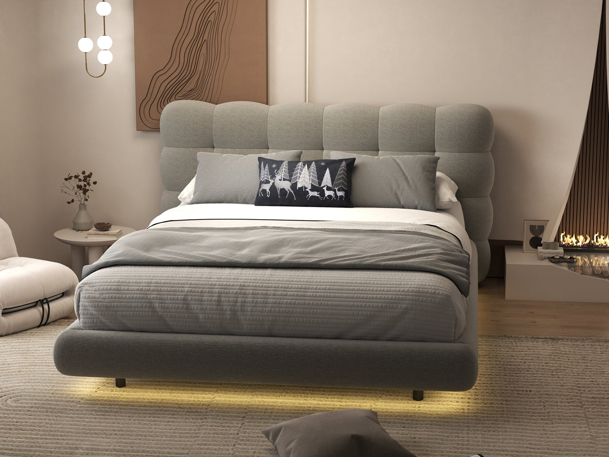 Set Pat dormitor dumonde, tapitat gri cu LED, "floating bed" Cloud 160x200 cm, somiera inclusa + saltea