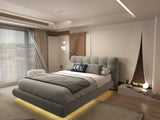 Pat dormitor dumonde, tapitat gri cu LED, "floating bed" Cloud 160x200 cm, somiera inclusa WLS
