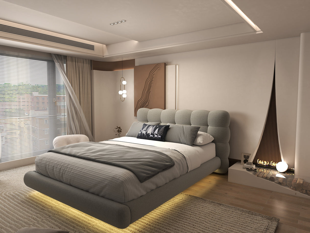 Set Pat dormitor dumonde, tapitat gri cu LED, "floating bed" Cloud 160x200 cm, somiera inclusa + saltea