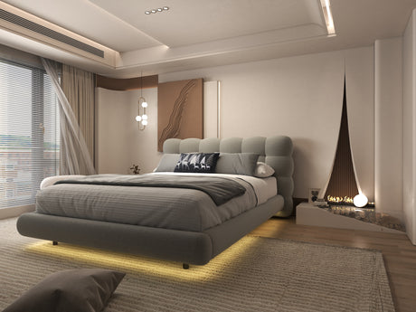Pat dormitor dumonde, tapitat gri cu LED, "floating bed" Cloud 160x200 cm, somiera inclusa WLS