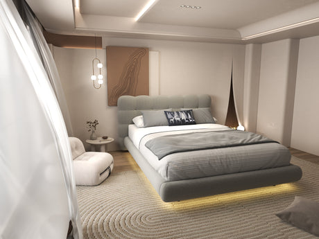 Pat dormitor dumonde, tapitat gri cu LED, "floating bed" Cloud 160x200 cm, somiera inclusa WLS