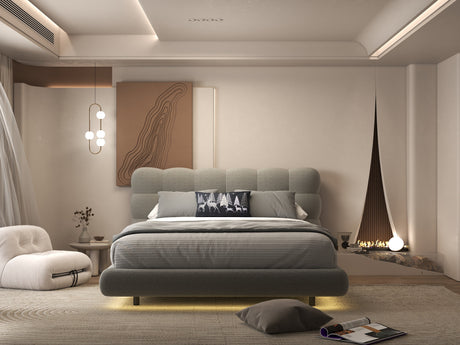 Pat dormitor dumonde, tapitat gri cu LED, "floating bed" Cloud 160x200 cm, somiera inclusa WLS