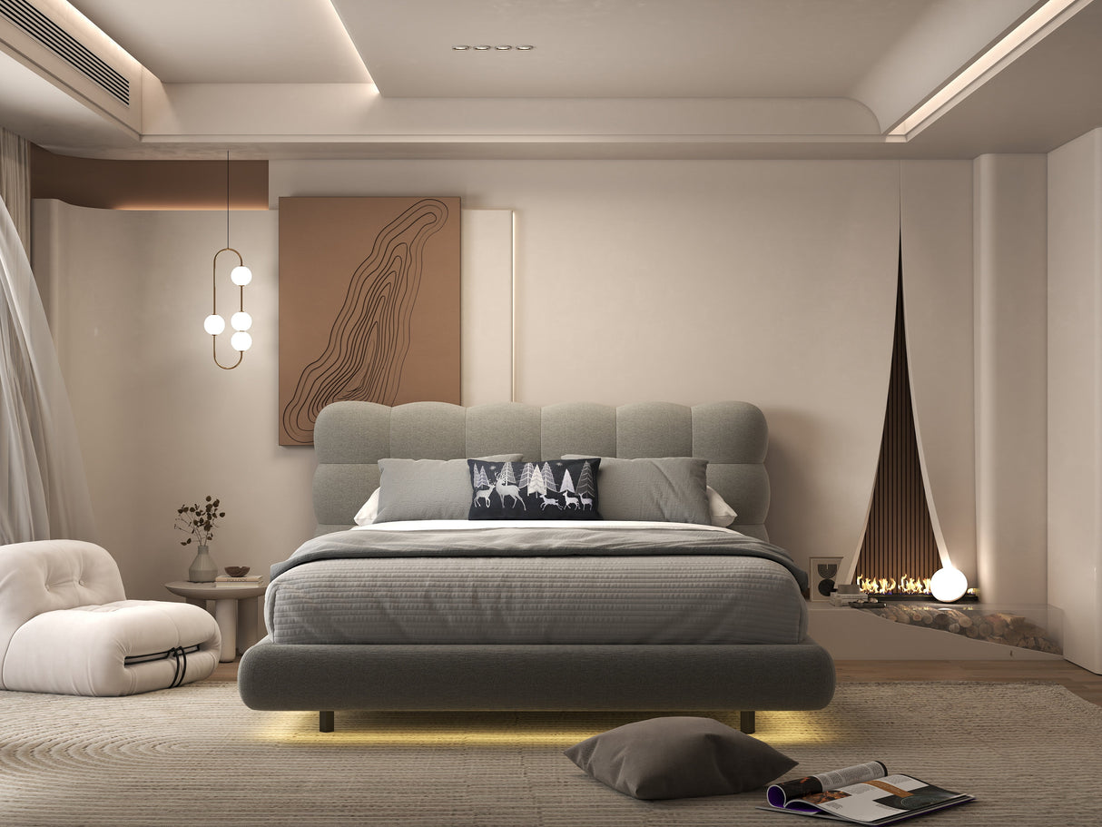 Set Pat dormitor dumonde, tapitat gri cu LED, "floating bed" Cloud 160x200 cm, somiera inclusa + saltea