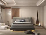 Set Pat dormitor dumonde, tapitat gri cu LED, "floating bed" Cloud 160x200 cm, somiera inclusa + saltea