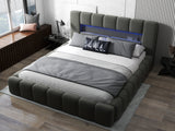 Pat dormitor dumonde, tapitat gri cu LED si USB, Palermo 160x200 cm, somiera rabatabila inclusa, spatiu depozitare WLS