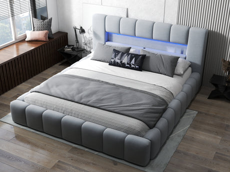 Pat dormitor dumonde, tapitat gri cu LED si USB, Palermo 180x200 cm, somiera rabatabila inclusa, spatiu depozitare WLS