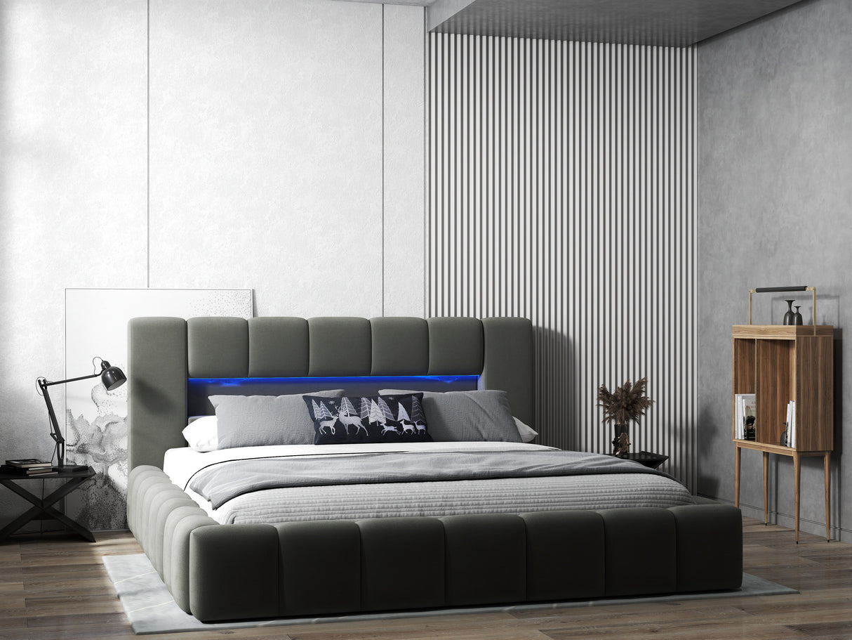 Pat dormitor dumonde, tapitat gri cu LED si USB, Palermo 160x200 cm, somiera rabatabila inclusa, spatiu depozitare WLS