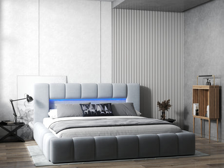 Pat dormitor dumonde, tapitat gri cu LED si USB, Palermo 180x200 cm, somiera rabatabila inclusa, spatiu depozitare WLS