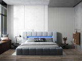 Pat dormitor dumonde, tapitat gri cu LED si USB, Palermo 180x200 cm, somiera rabatabila inclusa, spatiu depozitare WLS