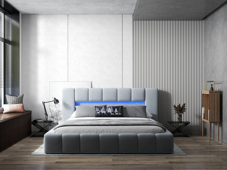 Pat dormitor dumonde, tapitat gri cu LED si USB, Palermo 180x200 cm, somiera rabatabila inclusa, spatiu depozitare WLS