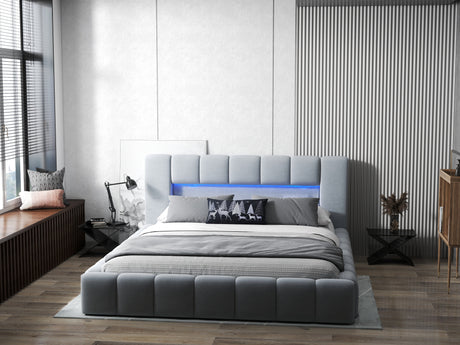 Pat dormitor dumonde, tapitat gri cu LED si USB, Palermo 180x200 cm, somiera rabatabila inclusa, spatiu depozitare WLS